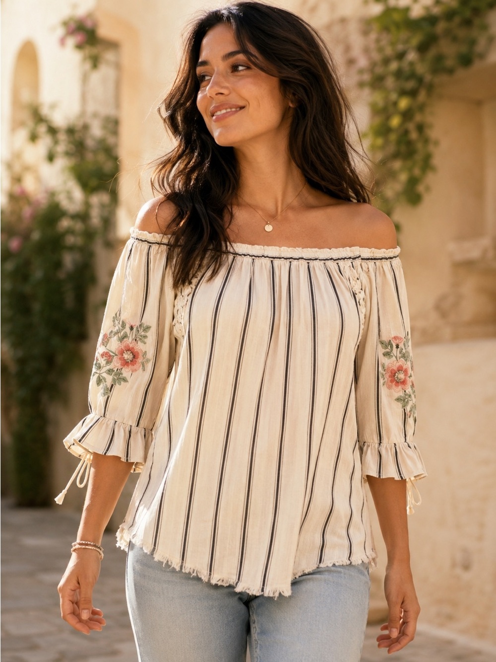 Boho Peasant Blouse Medium Ivory Stripe Floral Embroidered Cottagecore Top